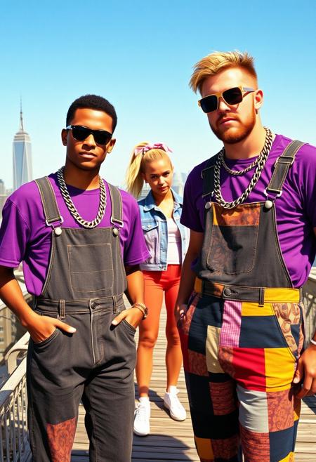 1991 RnB music album art cover, album titled "the golden rule", photograph of two lead singers on a peer in New York with Manhattan in the background. Both white singers wear similar clothes, a purple tshirt, large chainlink necklaces and bright colorful patchwork overalls, both with hairstyles reminiscent of the end of the 1980s. The singer on the right is a tall blond guy, his chin is pointy, he has a full trimmed beard and wears square sunglasses. The singer on the left is a slightly shorter man with brown hair and a long face wearing round sunglasses. On the same wooden peer, behind the singers, a blonde petite woman with a ponytail attached with multiple ribbons is wearing a pink and blue denim jacket. Everybody is posing for the camera.