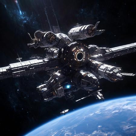 Design a breathtaking scene set in the vastness of space, where a futuristic spaceship is gracefully docking with a massive space station. Imagine this spacecraft as a marvel of human engineering, with sleek lines, glowing accents, and an array of advanced technologies on display. The space station, a towering structure with intricate details and multiple docking ports, serves as a bustling hub of interstellar activity.
As the spaceship aligns perfectly with the docking bay, highlight the intricate dance of mechanical arms and magnetic locks securing the two structures together. Add a dramatic touch with a vibrant nebula glowing in the background, its vivid colors contrasting the dark void of space. Enhance the sense of depth and movement with stars streaking across the scene, creating a captivating starfield.
Include subtle lighting effects to showcase the reflective surfaces of the spaceship and space station, emphasizing their metallic sheen. Perhaps add a few smaller vessels or spacewalkers nearby, providing a sense of scale and additional visual interest. The overall composition should evoke a sense of wonder, showcasing the beauty and excitement of space exploration and the potential of human ingenuity in the future.