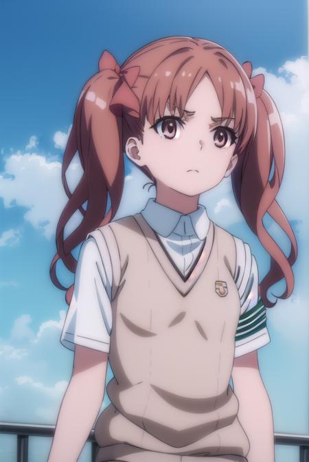 kurokoshirai, <lora:kuroko shirai s3-lora-nochekaiser:1>,
kuroko shirai, brown hair, long hair, (parted bangs:1.5), (brown eyes:1.7), ringlets, twintails, hair bow, bow, red bow, (small breasts:1.2),
BREAK armband, black skirt, collared shirt, dress shirt, pleated skirt, safety pin, school uniform, shirt, short sleeves, skirt, summer uniform, sweater vest, tokiwadai school uniform, twintails, white shirt, (brown sweater vest:1.5),
BREAK outdoor, city, sky, sun, clouds,
BREAK looking at viewer, (cowboy shot:1.5),
BREAK <lyco:GoodHands-beta2:1>, (masterpiece:1.2), best quality, high resolution, unity 8k wallpaper, (illustration:0.8), (beautiful detailed eyes:1.6), extremely detailed face, perfect lighting, extremely detailed CG, (perfect hands, perfect anatomy),