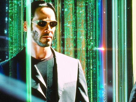 glitch, extreme close-up portrait of {Keanu Reeves as Neo|Carrie-Anne Moss as Trinity|Laurence Fishburne as Morpheus|Hugo Weaving as Agent Smith} young with glasses, The Matrix 1 9 9 9 movie still, Arriflex 435, heavy grain