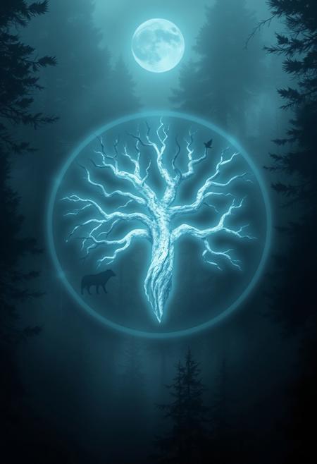 “An ethereal representation of Algiz, the rune of protection and spiritual connection. The Algiz symbol glows with a subtle white-blue aura against a backdrop of misty, dense Nordic forest. The symbol’s branches resemble ancient, weathered trees with mossy textures, glowing faintly to signify the energy of life. Around it, faint silhouettes of animals—wolves, elk, and birds—form a protective ring. The atmosphere is mystical, with hints of fog rolling through, diffusing moonlight that filters down in radiant beams, illuminating the scene. The style merges Norse mythology with a modern fantasy aesthetic, emphasizing themes of resilience, nature, and protection.”