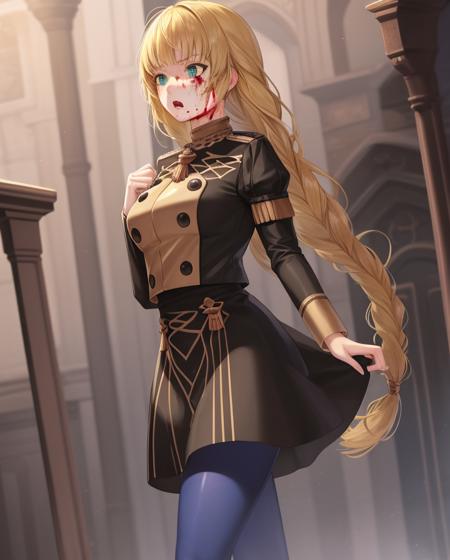 masterpiece, best quality, ingrid_academy, braided ponytail, garreg mach monastery uniform, black skirt, blue pantyhose, black boots, standing, blood on face, shocked expression, dark environment, green eyes