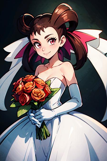  roxanne (pokemon), red eyes, brown hair, twintails, hair ribbon,   roxanne (pokemon), red eyes, brown hair, twintails, hair ribbon, ascot, grey dress, pink pantyhose, shoes,