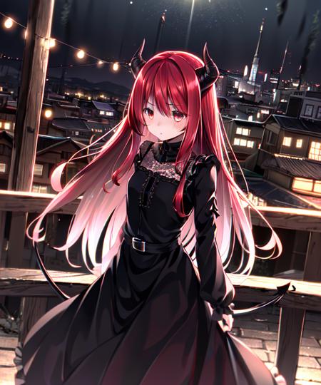 1girl, demon horns, black long dress, frills, lace
standing, red hair, long hair, sad
town, night
 <lora:ryosiosV2-02:0.7> ryosios