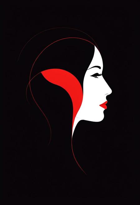 minimalist (stylized:1.2) vector art illustration, profile of a woman in a black and white and red color scheme, simplified shapes, flat colors,  negative space to achieve the illusion of a face, reduced details, strong geometric shapes, black background, highly stylized graphic design