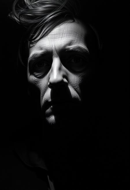 Capture a brooding, black-and-white portrait inspired by 1940s film noir. Use a Canon EOS R5 with a 50mm f/1.2 lens to achieve razor-sharp detail and shallow depth of field. Illuminate the subject with Rembrandt lighting: position a single tungsten spotlight at 45 degrees, casting dramatic shadows across one side of the face. Set aperture to f/2.8 for subtle background blur, ISO 100 for minimal grain, and shutter speed 1/125s. Enhance texture with chiaroscuro contrasts—highlight weathered skin pores and a smoke-filled atmosphere. Post-process with silver toning and subtle film grain for authenticity.