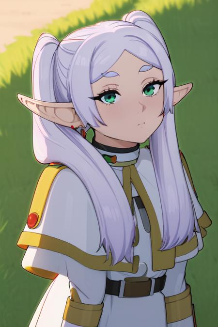 frieren, 1girl, earrings, elf, long hair, pointy ears, solo, twintails, green eyes, earrings, white hair, looking at viewer,