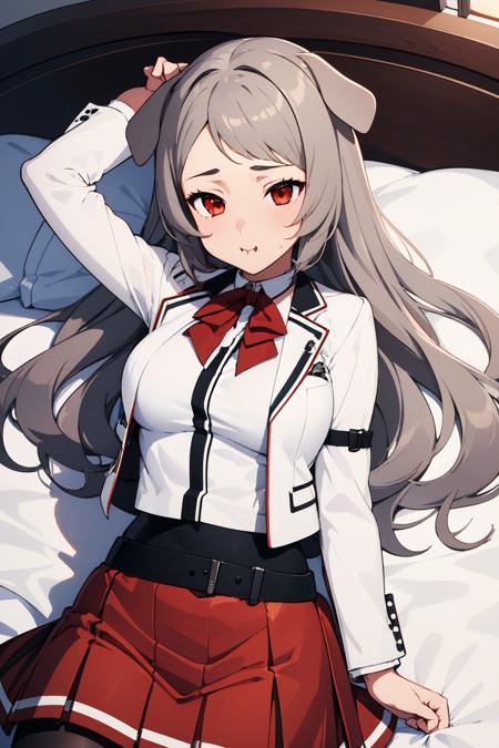 <lora:Pursena:0.7>, 1girl, Pursena, red eyes, dog ears, dog girl, dog tail, grey hair, white jacket, large breasts, black legwear, pantyhose, pleated skirt, (lying on back), eating chicken leg, bedroom, on bed, from above