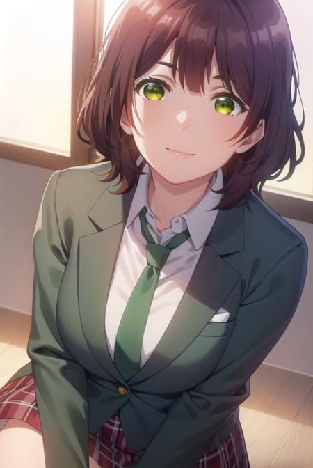 aoihinami, <lora:aoi hinami s1-lora-nochekaiser:1>,
aoi hinami, short hair, bangs, brown hair, (green eyes:1.5), smile,
BREAK skirt, shirt, long sleeves, school uniform, jacket, white shirt, pleated skirt, necktie, collared shirt, plaid, plaid skirt, blazer, red necktie,
BREAK indoors, classroom,
BREAK looking at viewer,
BREAK <lyco:GoodHands-beta2:1>, (masterpiece:1.2), best quality, high resolution, unity 8k wallpaper, (illustration:0.8), (beautiful detailed eyes:1.6), extremely detailed face, perfect lighting, extremely detailed CG, (perfect hands, perfect anatomy),