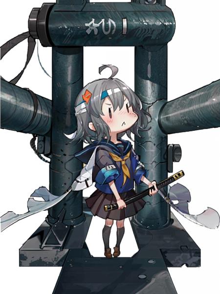 fairy \(kancolle\), 1girl, solo, headband, sword, school uniform, ahoge, weapon, skirt, grey hair, pleated skirt, white background, simple background, long hair, triangle mouth, hachimaki, katana, chibi, :<, serafuku, sheath, blush, pointing, brown skirt, original, intricate detail, illustration, masterpiece, extremely detailed CG unity 8k wallpaper, highlight, sharpening, dynamic,  <lora:Fairy-3:1>