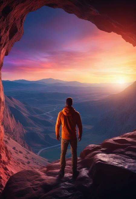 photograph Dramatic View of Adventurous Man standing inside a rocky and rugged cave looking over the Mountain Landscape. 3d Rendering. Colorful Sunrise Sky. Adventure Concept Artwork
