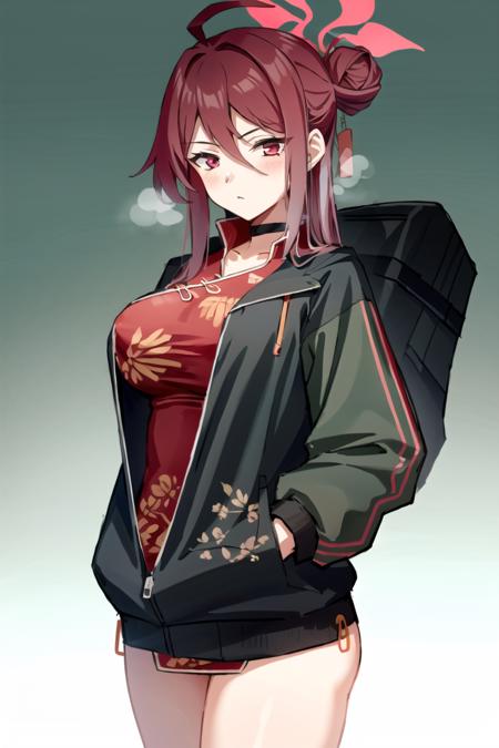 <lora:Kayama Reijo:0.8>, kayama reijo, 1girl, solo, long hair, breasts, looking at viewer, blush, simple background, red eyes, long sleeves, white background, hair between eyes, closed mouth, jacket, red hair, choker, bag, hair bun, black jacket, black choker, halo, chinese clothes, china dress, cropped legs, hand in pocket