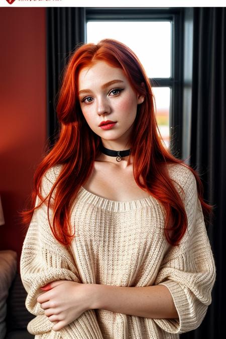 raw photo, (18yo redhead girl:1.2), makeup, graphic eyeliner, rouge, (choker:0.9), realistic skin texture, oversize knit sweater, (red:0.8), softcore, warm lighting, cosy atmosphere, instagram style, <lora:more_details:1>