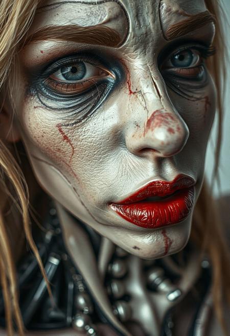 (highres, masterpiece:1.3), SHARP, CRU, HDR, 32K, ultra detailed, realistic, intricated, full body picture of a gorgeous biomechanical zombie realistic woman, red lips, highly detailed and textured, dutch angle, very realistic and impressive, fantastic dramatic color.