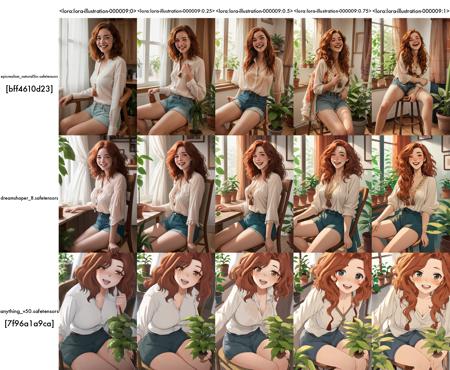 a woman with wavy auburn hair with a blush and freckles, laughing, blouse, tassels, oversized fabric shorts, sitting on a wooden chair in a bohemian apartment, large plants, big windows with curtains, medium close-up shot, relaxed, volumetric lighting