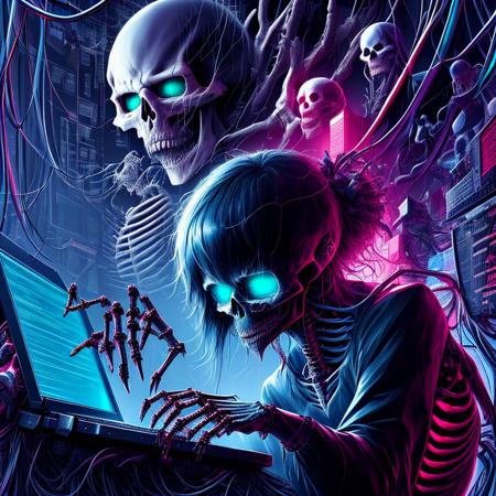 <lora:darkhacker:1> darkhacker, anime hacker, keyboard, laptop, demon skeleton, connected to wires