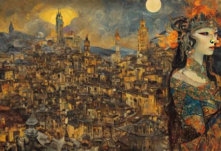 inkpunk style, (Picasso:1.8) dadaistic collage (by klimt:1.5), Chinese dragon circling an alien city with tall creepy spires on fire, oppressive atmosphere,  <lora:IPXL_v1:1>, (masterpiece, best quality, beautiful and aesthetic:1.2), (ultra detailed, extremely delicate:1.3), rich vivid detailed background, dramatic contrasting lighting, two moons in the distance.