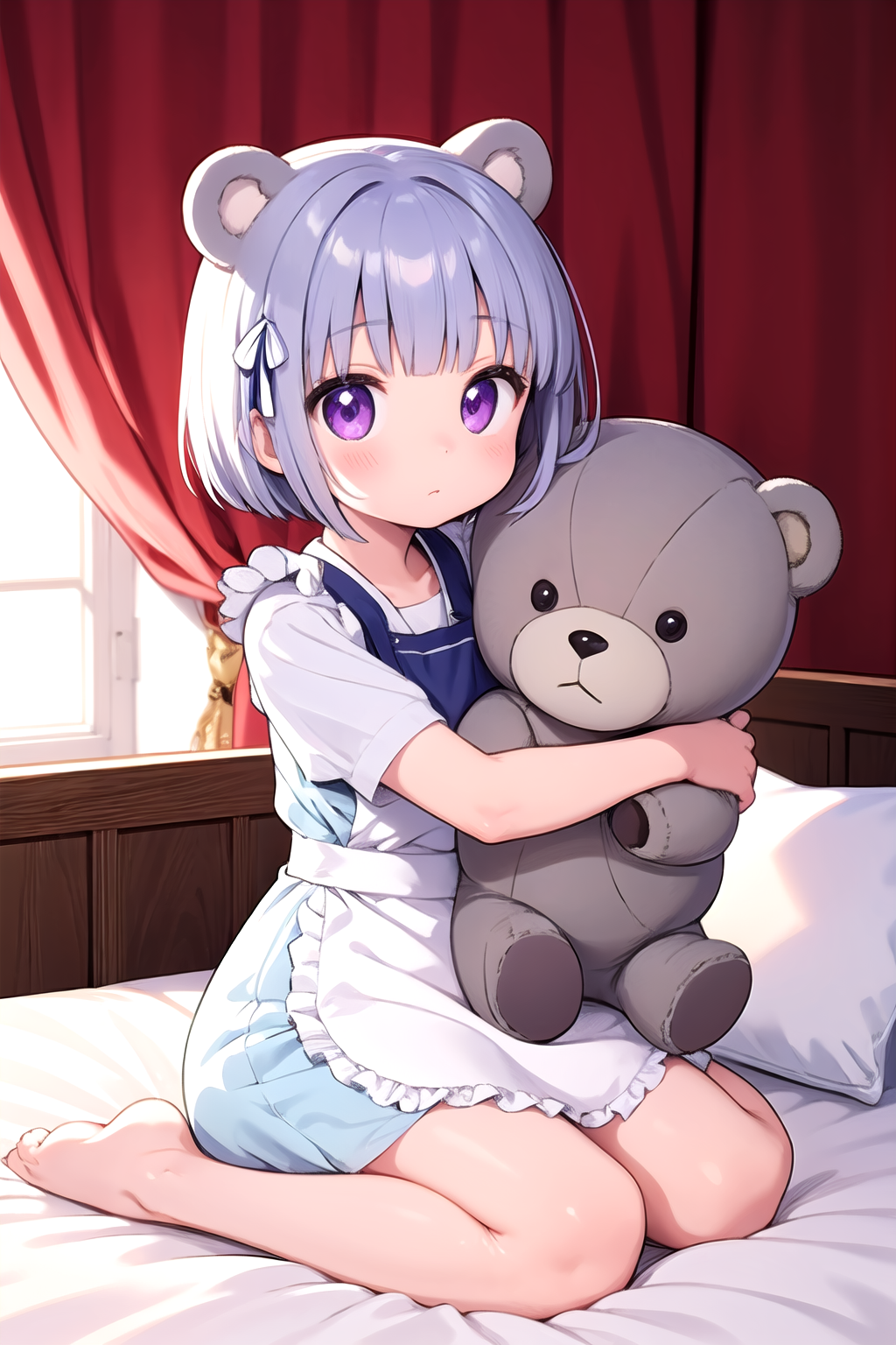bright room,pillows,seiza on bed,curtains,grey short hair,white bear ears with hair ribbon,purple eyes,white apron,light b...