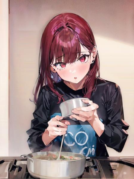 (((((1girl))))), red hair,small breasts, pink eyes, blue apron,black shirt, holding pot, Niubie Hot Pot, food, female focus, upper body,kitchen <lora:Niubie Hot Pot:1>, masterpiece, best quality,