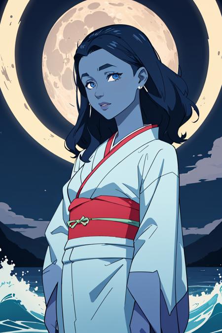 (masterpiece, best quality:1.2), <lora:invincible:.9>, invincible, 1girl, bird, earrings, solo, colored skin, moon, waves, looking at viewer, blue skin, blue eyes, water, blue theme, full moon, blue hair, night sky, kimono