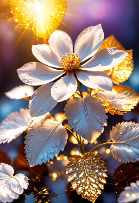 masterpiece,(best quality), official art,extremely detailed cg 8k wallpaper, hyper detailed, white flower , plant leafs, golden glow, vibrant glow, golden lake, sparkles, glitter, elaborate, (extremely delicate and beautiful),highly detailed,
midjourneyv6.1,  fluorite mineral, flu0rite, iridiscent, 
WhiteMold