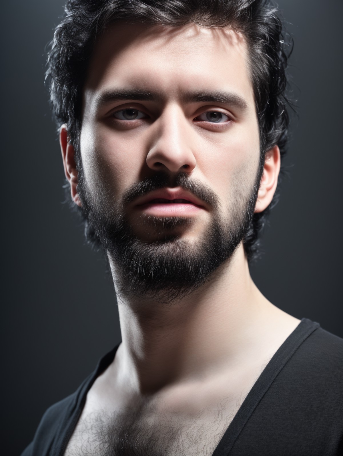 A man, close-up, black hair, unshaven beard, black background, 4k, 8k, volumetric lighting, intricate detail, amazing qual...
