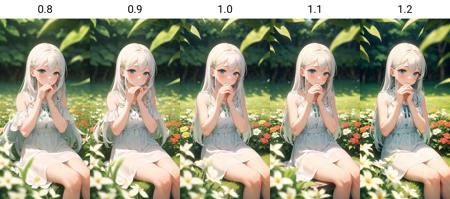 (masterpiece, best quality),1girl with long white hair sitting in a field of green plants and flowers, her hand under her chin, warm lighting, white dress, blurry foreground