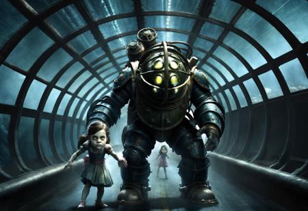 cinematic film still Big daddy and little girl, a tunnel with a glass roof, action pose, full shot, front view, Bioshock character, Rapture . shallow depth of field, vignette, highly detailed, high budget, bokeh, cinemascope, moody, epic, gorgeous, film grain, grainy