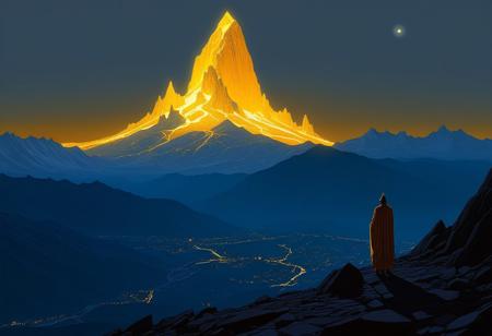 <lora:Moebius_Diffusion.safetensors:1.0>, A dramatic mountain range with jagged peaks and a distant ancient temple glowing with amber light, a figure standing near the peak, grey and glowing gold, the glowing temple peaks, in the style of Jean Giraud, in the style of Moebius, a comet is in the sky