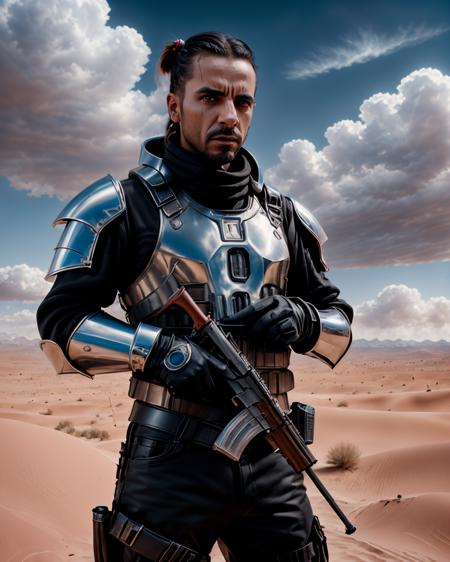 a man holding a gun in a desert , solo, gloves, 1boy, holding, ponytail, weapon, male focus, outdoors, sky, cloud, holding weapon, armor, gun, cloudy sky, holding gun, rifle, red gloves, assault rifle , <lora:CP_SD15:1>