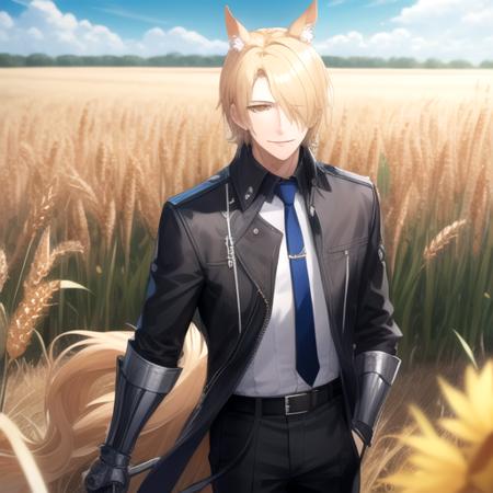 ((masterpiece)),(best quality),official art,extremely detailed CG,unity 8k wallpaper,ultra detailed,wheat field,1boy,solo,cowboy shot,mlynar (arknights),animal ear fluff,animal ears,belt,black jacket,black pants,blonde hair,blue shirt,emblem,gauntlets,hair over one eye,horse boy,horse ears,light smile,short hair,white necktie,yellow eyes,<lora:Mlynar(ark)>,