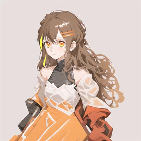 orange eyes, hair ornament, multicolored hair, jacket, long hair, hairclip, brown hair,