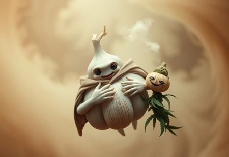 Envision a scene where a human-like garlic figure floats in a surreal, swirling fog. This garlic character has a face with expressive eyes making direct contact with the viewer, and delicate, leafy “hands” that emerge from its cloves, adjusting a windswept cloak around its shoulders. Beside it, a relaxed weed bud character, with a sly grin, leans close, puffing a smoky cloud that drifts into the spiraling air around them. The image, captured in award-winning detail, appears like a high-resolution 35mm photograph, with a grainy, vintage feel, touched by Kodachrome warmth and a soft vignette that adds to its otherworldly, Lomography-inspired charm.
