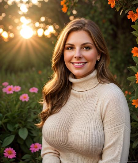 nature, outdoor, Colorful flowers, undergrowth, warm light, sunset, breast, Ultra-HD-details, smile, Turtleneck, woman, jeans 