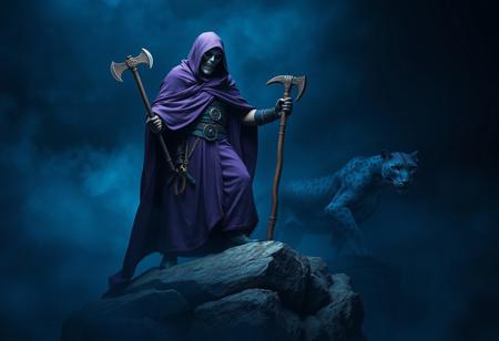 Generate a highly detailed, photorealistic image of a steampunk-inspired lich. The lich should be unmasked, wearing a full-body purple cloak, and standing on a rock amidst a dark blue mist. Include an axe and a shepherd's crook as props, with the blue panther visible in the background. Ensure the image is hi-fructose, with lifelike details and a dark vignette. Apply the golden ratio and aim for an ultra-detailed, gritty, and dramatic effect. The output should be in 4K or 8K resolution, with a focus on trending styles as seen on Artstation.