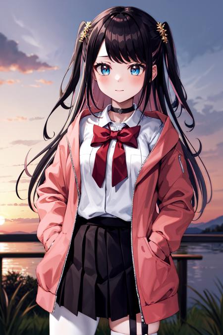 aanazuna, two side up, multicolored hair, choker, red bow, white shirt, pink jacket, open clothes, long sleeves, black skirt, pleated skirt, garter straps, white thighhighs