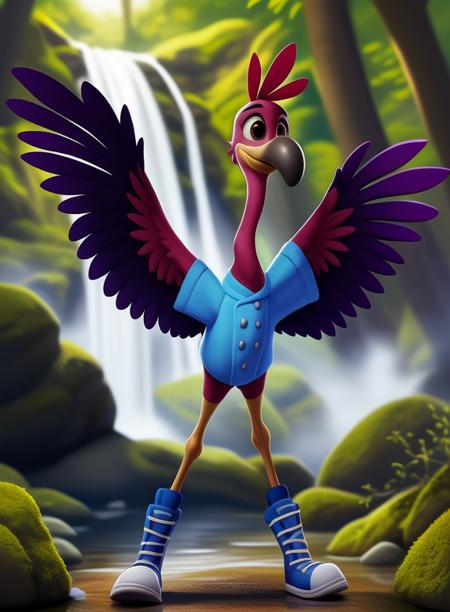 FreddyTinOneTra, flamingo, bird, arms wings, brown eyes, yellow legs, yellow colyuv, coral pink, blue shirt, gray buttons, high-top dark blue sneakers, light blue cap,