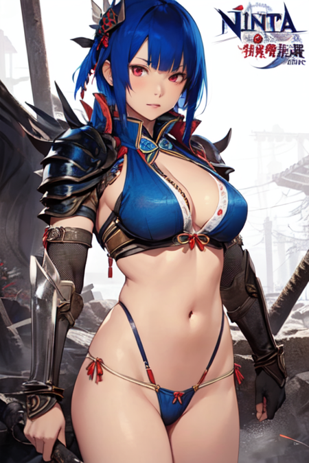 SetsunaYagami, 1girl, solo, ninja, armor, short hair, blue hair, thong, large breasts, red eyes, hair ornament, cleavage, 