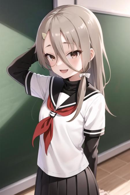 masterpiece, best quality, <lora:mikage_sakurako:0.7> mikage_sakurako, 1girl, solo, brown eyes, brown hair, long hair, hair between eyes, hair ribbon, hairclip, long hair, serafuku, black sailor collar, red neckerchief, black skirt, pleated skirt, smile, open mouth, sunlight, indoors, classroom, chalkboard, turtleneck, black sleeves,