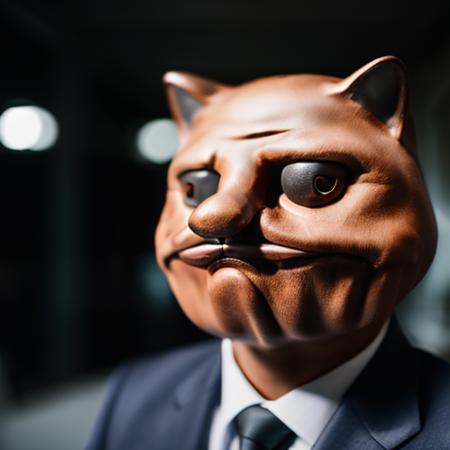 RAW photo, cat wearing suit in  m3gust face<lora:m3gust4-000066:1>, from side , 8k uhd, dslr, soft lighting, high quality, film grain, Fujifilm XT3, simple background