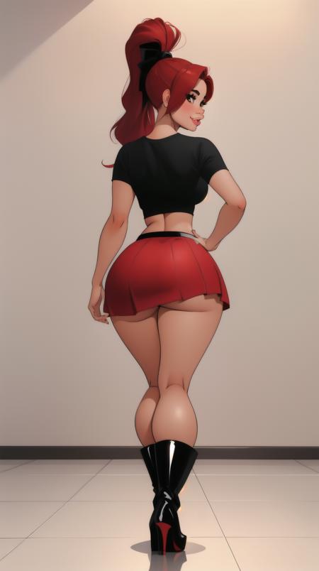 high detailed, masterpiece <lora:p3r3zstyle_v2:0.6> 1girl, posing sexy, from behind, looking at viewer, subtle smile, pouting, full lips, red hair, high ponytail, brown eyes, perfect hands, big breast, wide hips, thick thighs, black tshirt, crop top, red skirt, red high heel boots, clean scene, white background, white wall, shinny floor, white floor