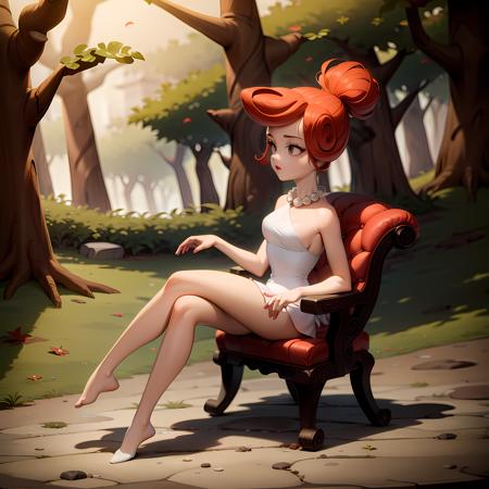 ((masterpiece, best quality)),(complex lighting) ,full body, solo, Wilma flintstone, red hair, ponytail, <lora:Wilma_Flintstone1-0608:0.6>,white dress, pearl necklace, lipstick, forest, sitting, on chair,