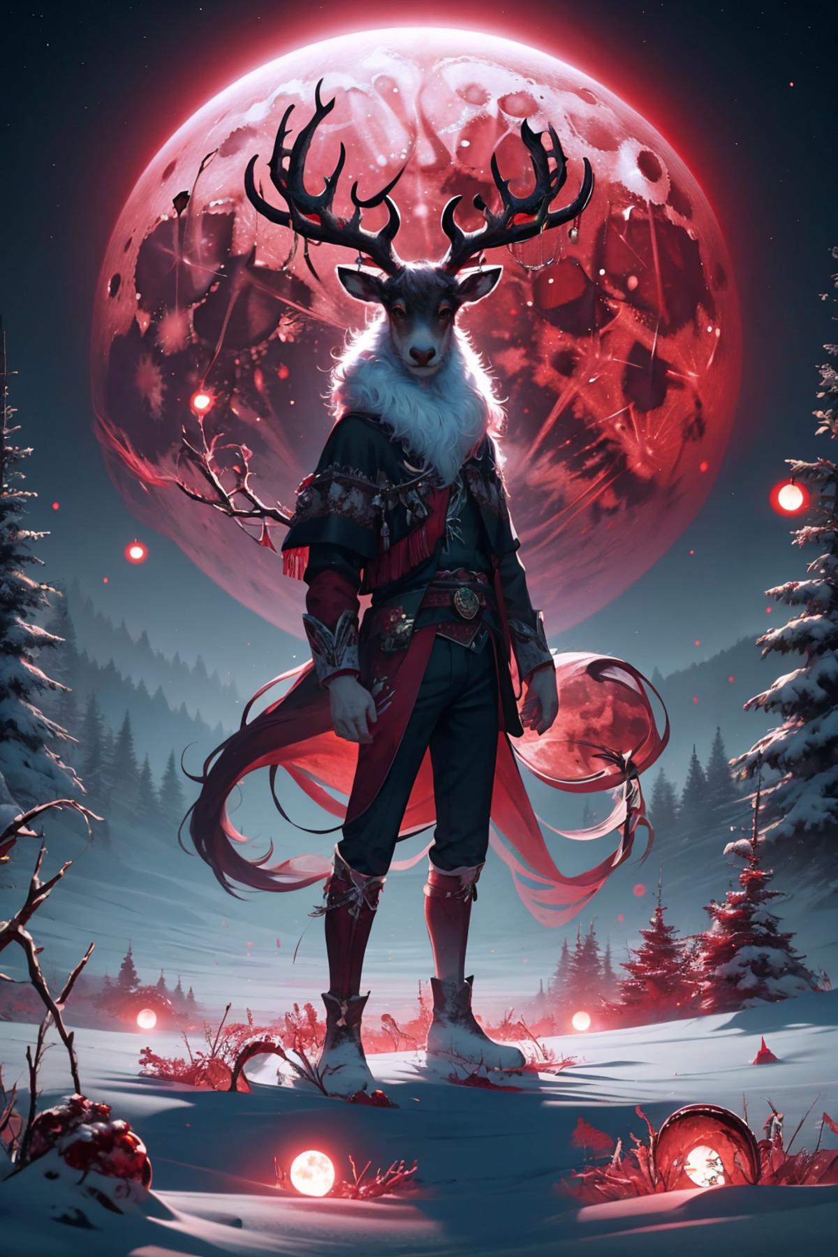 A magical and artistic image of a man with deer horns and antlers standing under a red moon with trees in the background.