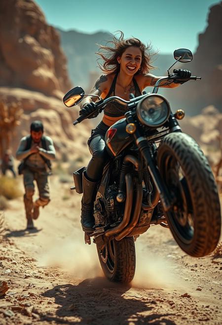 UHD 32k epic post-apocalyptic movie still, photograph, the setting is a surreal, otherworldly magic wasteland. Weird mutant desert flora and fauna. In the foreground, a sexy 20 year old laughing female post-apocalyptic Road Warrior with tattoos wearing revealing low cut leather and boots doing a wheelie on a post-apocalyptic motorcycle, closeup, being chased by an angry running wasteland nomad flailing his arms, camera is head on, sharp focus, studio photo, intricate details, highly detailed, sf, intricate artwork masterpiece, ominous, matte painting movie poster, golden ratio, trending on cgsociety, intricate, epic, trending on artstation, highly detailed, vibrant, production cinematic character render, ultra high quality model, close up portrait, film, studio lighting, detailed skin, ultra realistic, bokeh, sharp features