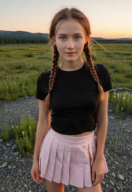 eye-level view, cowboy shot, photorealistic, 8K POV scene of a lone 22-year-old pretty Swedish gorgeous emo-girl facing the viewer lovingly , standing in a flirty posture in a breathtaking Finnish lapland scenery in summer dusk , (((striking detailed almond-shaped natural light-blue eyes))),  dark auburn hair in german style low braids, natural seductive physique, (wearing a snug black crewneck t-shirt), (pastel-pink school skirt), (perfect feminine hands), summery nordic golden hour lighting creates gentle shadows, hyper-realistic, ultra-detailed textures, 8K resolution, mood is shy, cutesy, perfection, immersive, memories live forever