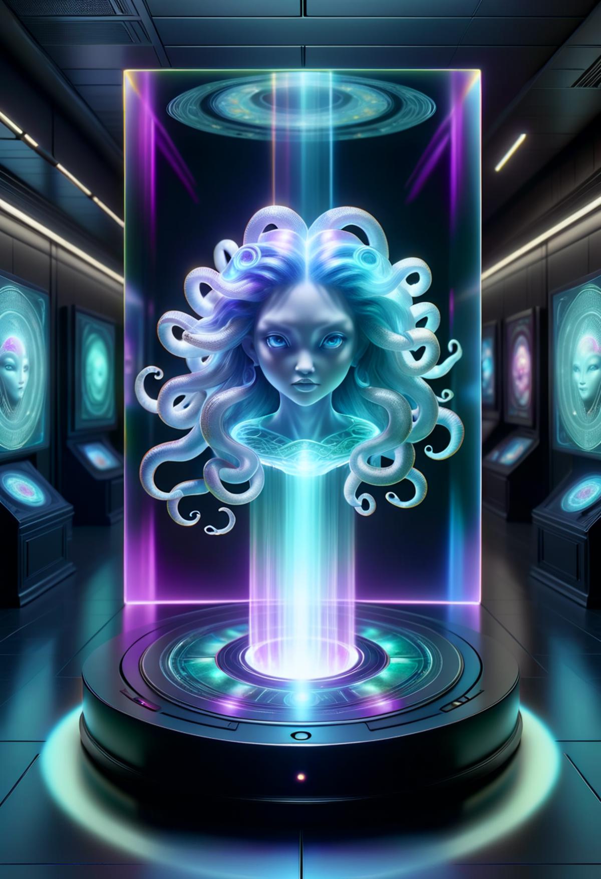 A digital art piece featuring a blue-haired female figure with long hair and blue eyes, surrounded by purple and pink lighting.