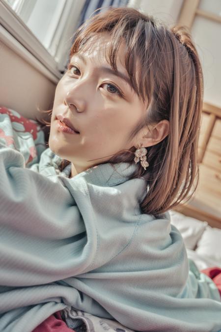 portrait photo of a 20 years old woman, shy, brown hair, ((close shot)), bedroom, (different clothes) ,(low angle), (posing to viewer),