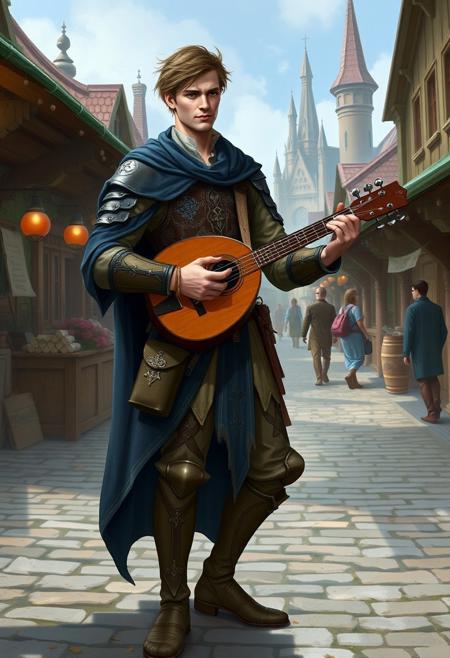 “Design a tall, thin, and attractive human male in his early 20s, playing the lute. He is a level 3 Bard in a Dungeons & Dragons fantasy setting. Dressed in light leather armor with intricate patterns, a flowing dark-blue cloak, and a satchel filled with parchment and musical notes at his side, he stands in a vibrant, medieval marketplace. His lute is finely crafted with decorative inlays, and he strums it confidently, enchanting the onlookers around him. The background features cobblestone streets, wooden stalls, and distant towering spires. The atmosphere feels alive with magic and music.”
