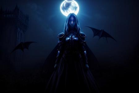 young woman, leather armor, silver hair, piercing blue eyes, wielding a bullwhip, in an ancient castle; night time,  bats flying, fog; gothic, spooky, adventure, candlelight, 1990s (style), 1980s (style), retro artstyle,