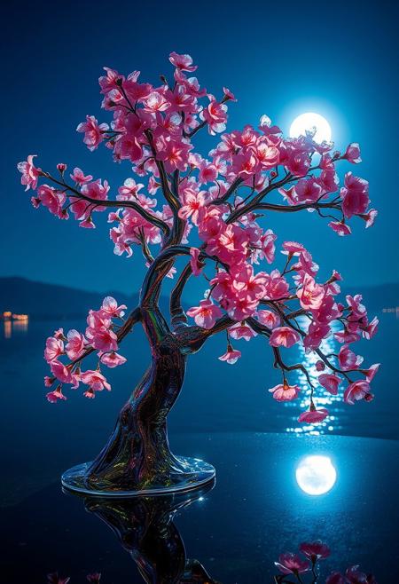 Glass cherry blossom tree, made of glass, completely transparent, reflective iridescent surface, glass art, colorful, translucent, night, A huge lake reflecting the moonlight, Cherry blossoms glow faintly, 
best quality, sharp focus, high contrast, colorful, ultra quality, 8k, best quality,